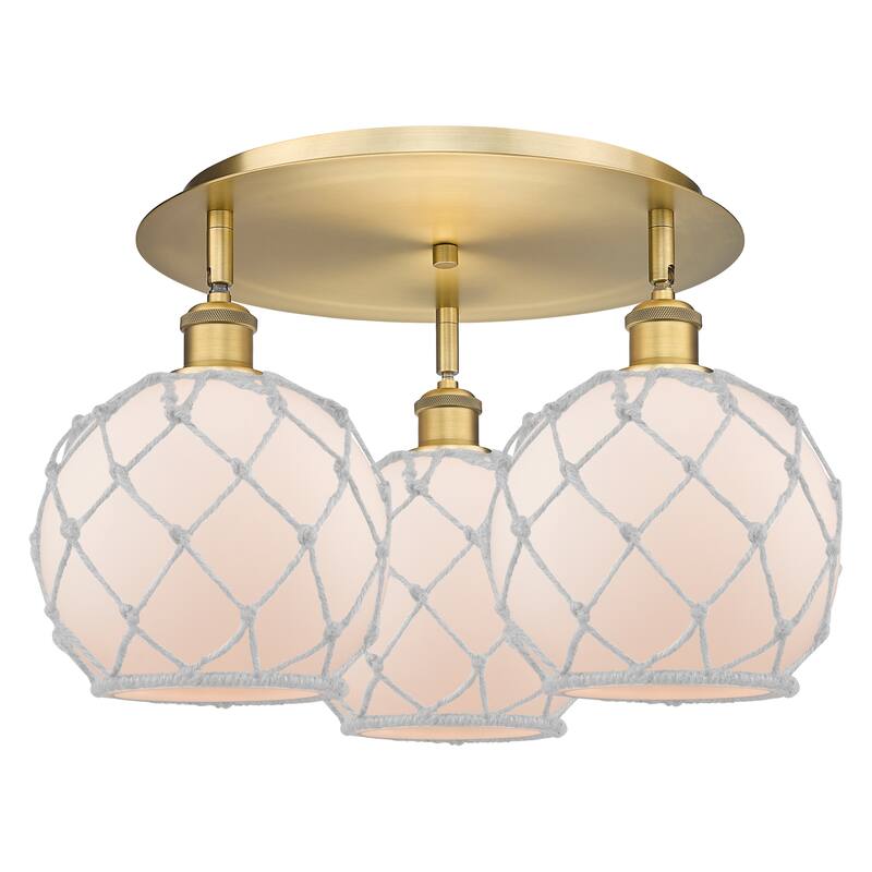Innovations Lighting Endless Possibilities Ballston - Farmhouse Rope - 3 Light 20" Flush Mount - Brushed Brass/White Glass with White Rope