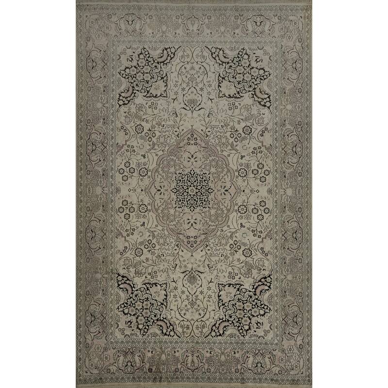 Hand Knotted Oriental Silk Carpet Traditional Floral Beige & Ivories Kashmir Area Rug - 10' 3'' X 7' 0''