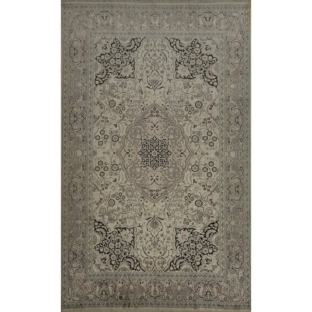 Hand Knotted Oriental Silk Carpet Traditional Floral Beige & Ivories Kashmir Area Rug - 10' 3'' X 7' 0''