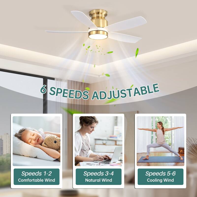 Sofucor 42'' Gold Flush Mount Ceiling Fan Lights Kit with Remote Quiet Reversible DC - 42