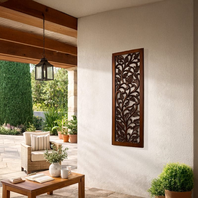 Mango Wood Wall Panel Hand Crafted with Leaves and Scroll Work Motif, Brown