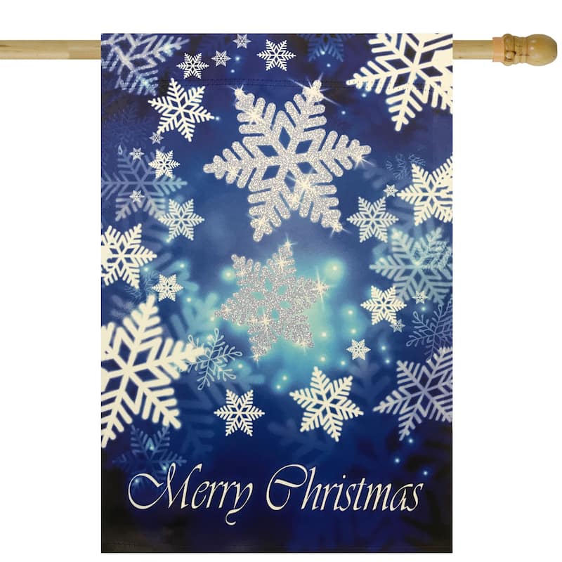 Merry Christmas and Snowflakes Blue and White House Flag 28" x 40" - 28" x 40"
