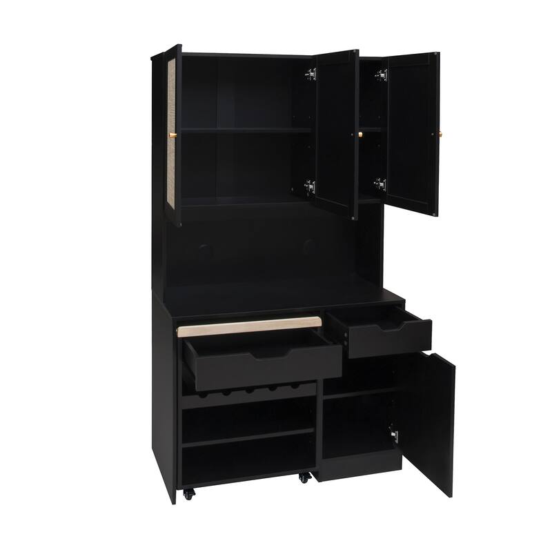 Kitchen Pantry Storage Cabinet with 3 Rattan Doors and Adjustable Shelves
