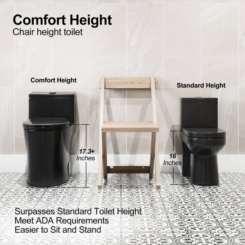 HOROW 1 Piece Dual Flush Elongated Toilet Black 0.8 1.28 GPF Seat Included 12 Inch Rough In - N/A