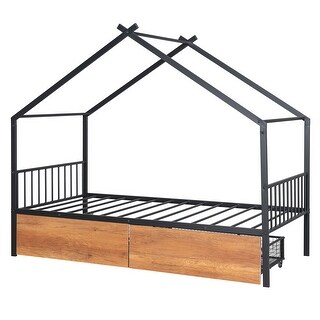 Twin Metal House Bed Frame with Roof and Storage Drawers for Kids