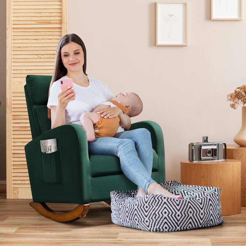 Mid Century Velvet Nursery Rocking Chairs, Upholstered High Back Glider Armchairs for Living Room