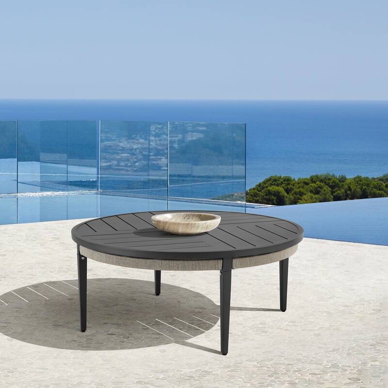 Zella 42" Aluminum and Gray Rope Outdoor Patio Round Coffee Table