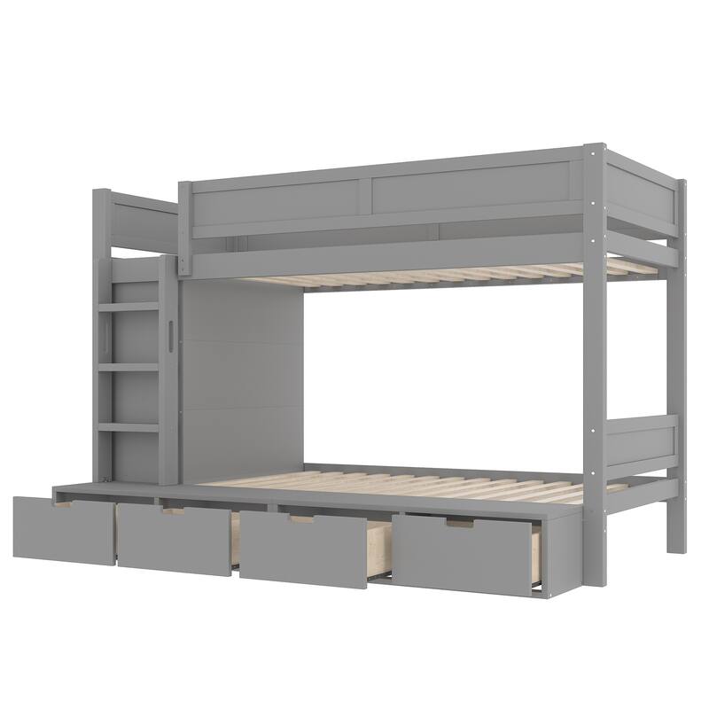 Roomfitters Twin over Twin/Full Bunk Bed with Wardrobe and 4 Drawers, Solid Wood Frame