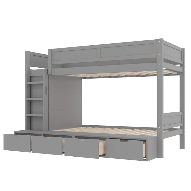 Twin over Twin Bunk Bed with 4 Drawers & Wardrobe - Solid Wood, Full-Length Guardrails, No Box Spring