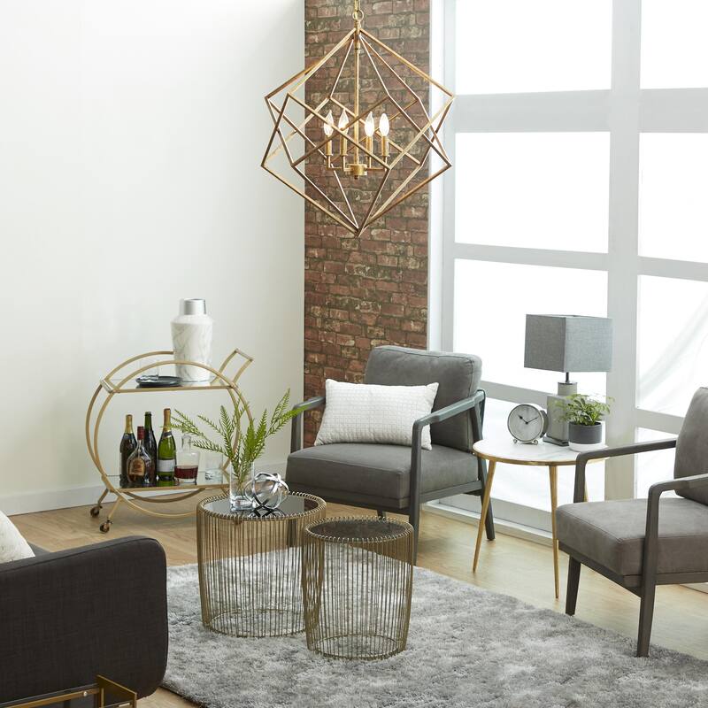 Metal Caged 4 Light Room Chandelier with Link Style Chain - Gold - Roche River Decor