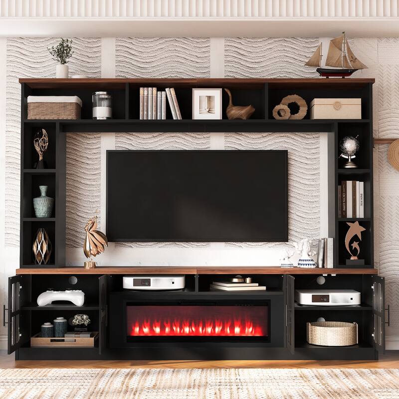 95.5" Wall Unit Entertainment Center for TVs up to 80" - TV Stand with Electric Fireplace, Cabinets & Shelves
