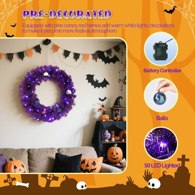 24in Pre-lit Halloween-Themed Christmas Wreath, Lighted Artificial Wreath with Lights and Ornaments, for Xmas Party Decorations