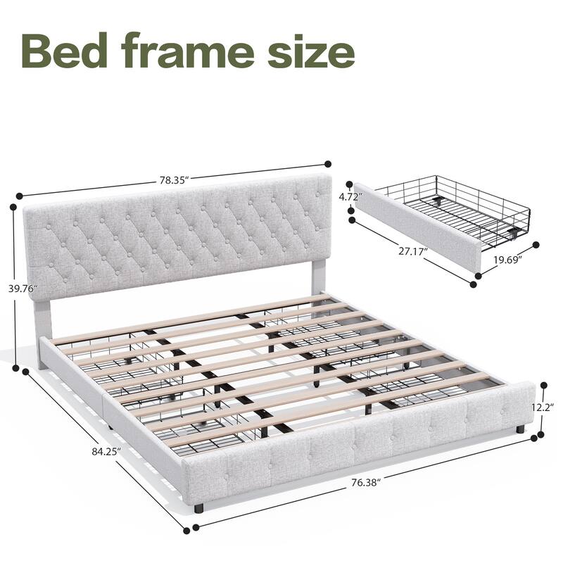 Linen Upholstered Headboard Bed Frame with Large Hidden Storage, 4 Underbed Drawers with Pulleys