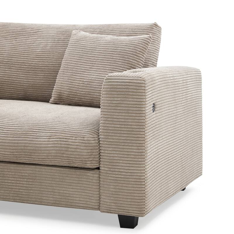 Spacious 4-Seater Corduroy Cloud Couch with Chaise, USB Charging Ports, and Cup Holders