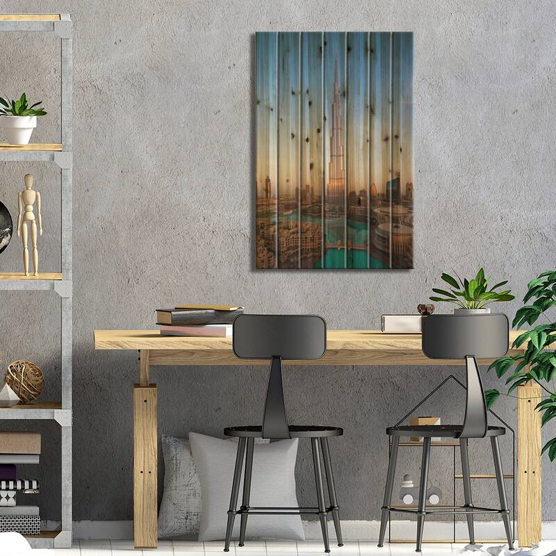 UAE, Downtown Dubai. Cityscape with Burj Khalifa. Print On Wood by Walter Bibikow - Multi-Color