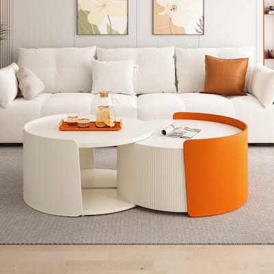 Wood Coffee Table Set with Storage, Adjustable Round Nesting Side Tables with Extendable Sliding Tabletop for Living Room