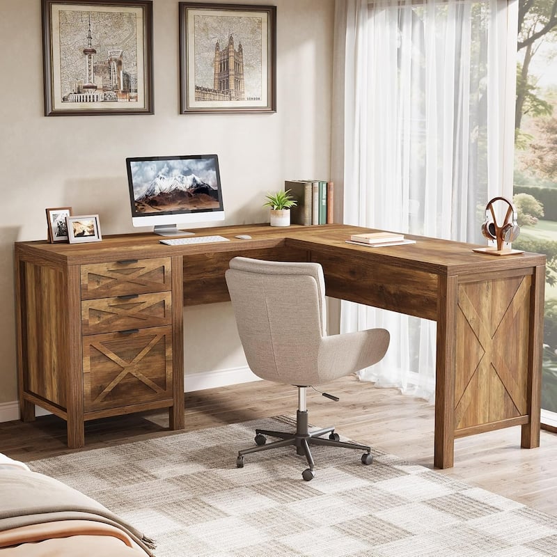 L Shaped Executive Desk with 3 Drawers, 59" Large Corner Computer Desk - Brown
