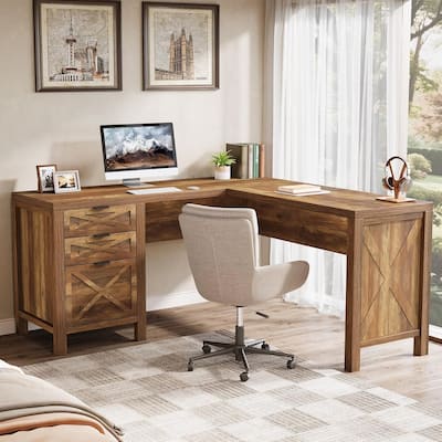 L Shaped Executive Desk with 3 Drawers, 59" Large Corner Computer Desk