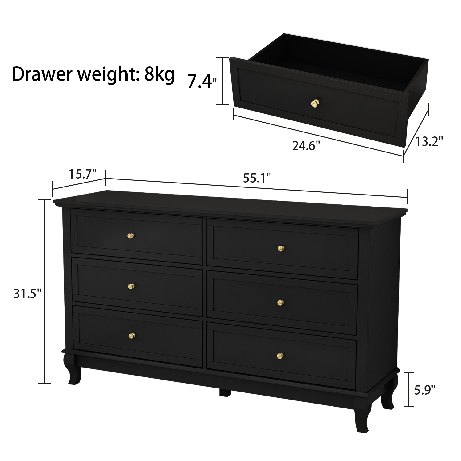 Lacquer Dresser for Bedroom with Deep Drawers Wooden 6 Drawers
