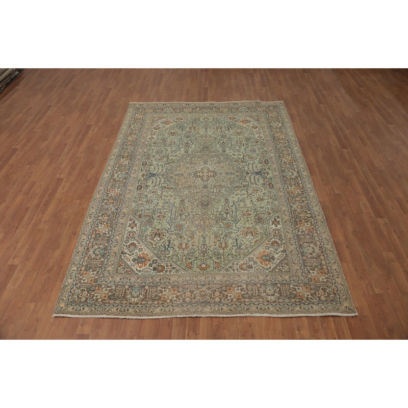 Hand Knotted Oriental 100% Wool Carpet Traditional Floral Green Tabriz Area Rug - 9' 5'' X 6' 5''