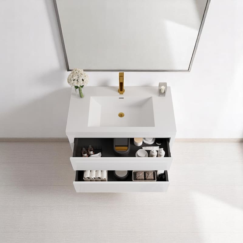 24"/30"/36" Wall-Mounted Bathroom Vanity with Sink, Floating Cabinet, Stone Resin Countertop, Glossy White, Soft-Close Drawers