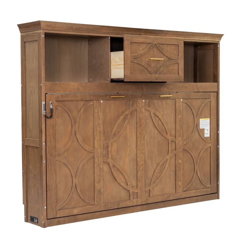Twin Size Murphy Bed with Charging Station, Drawer, and Storage Cabinets, Wood Finish