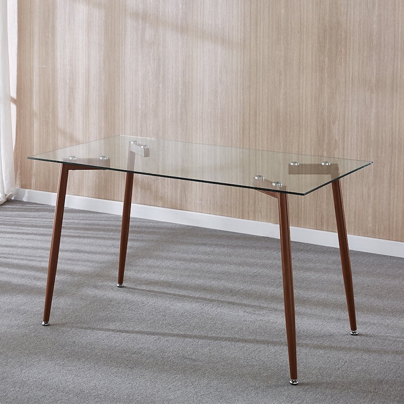 51" Mid Century Dining Kitchen Glass Top Table with Metal Frame - N/A - Oak