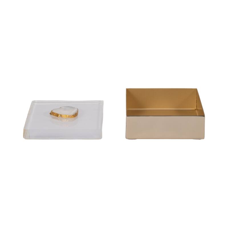 Decorative Box with Lid & Agate Stone Knob - 7", Gold & White - 7.0"