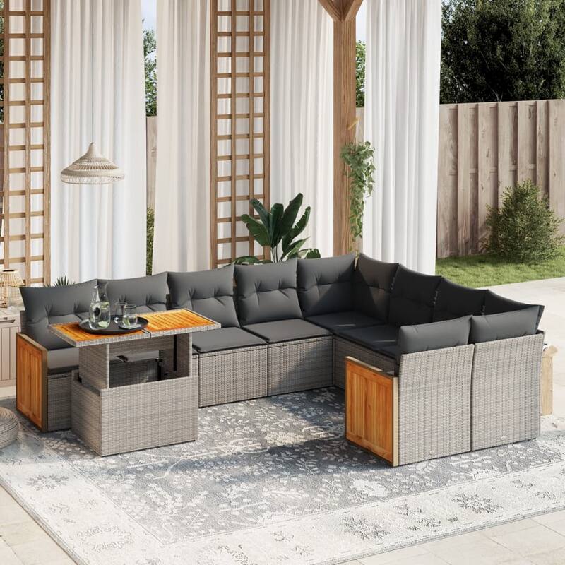 vidaXL 10 Piece Patio Sofa Set with Cushions Black Poly Rattan - 21.7" x 24.4" x 27.2" - Grey