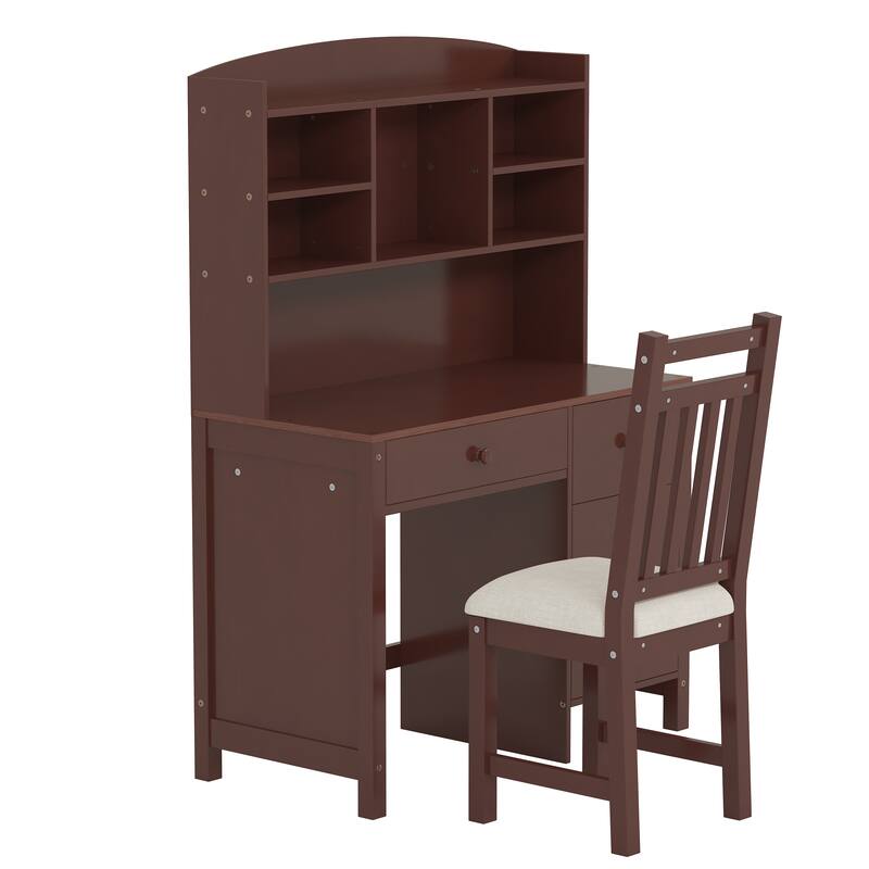 40" Home Executive Desk and Chair Set with 4 Drawers, Retro Computer Desk Office Table Study Desk with Storage Bookshelf