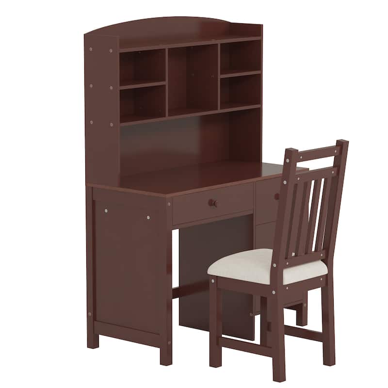 40"Home Executive Desk and Upholstered Chair Set with Bookshelf, Computer Desk with Four Drawers, Storage Shelf, and Chair