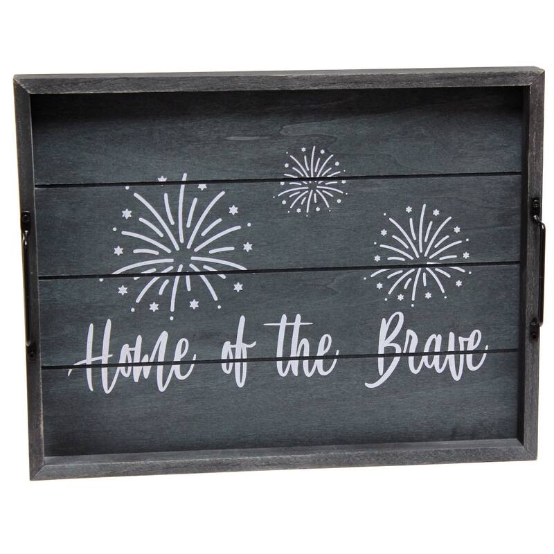 HomeRoots 16" Dark Blue And White Home Of The Brave Serving Tray With Handles - 15.50 in. x 2.25 in. x 12.00 in.