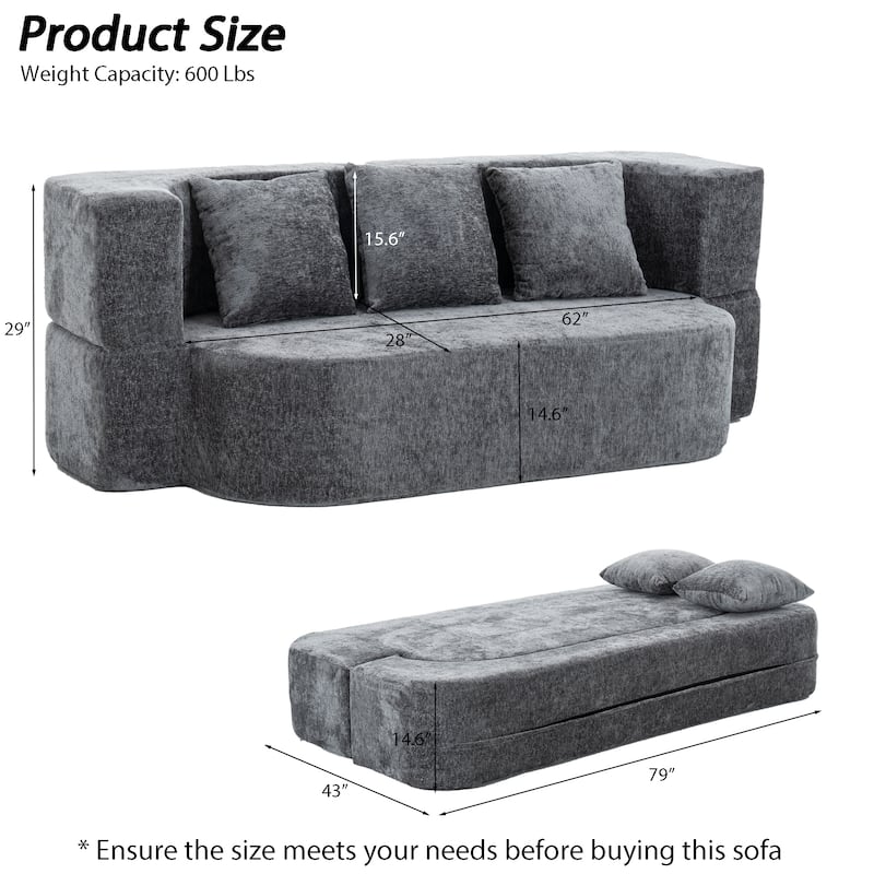 79" boneless loveseat Convertible Folding Sofa Bed, Twin Sleeper Sofa with Pillow, Modern Chenille Couch for Living Room