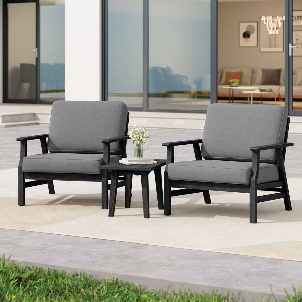 3 Piece Wood Patio Armchair Outdoor Bistro Set with Side Table