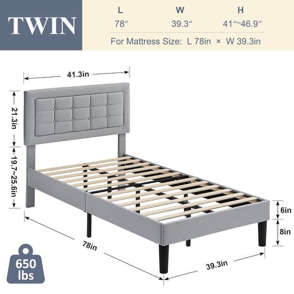 dimension image slide 4 of 6, VECELO Tufted Upholstered Kids Bed with Adjustable Headboard,Twin Size Bed Set of 2