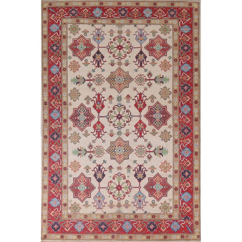 Hand Knotted Oriental 100% Wool Carpet Traditional All-Over Beige & Ivories Kazak Area Rug - 9' 9'' X 6' 5''