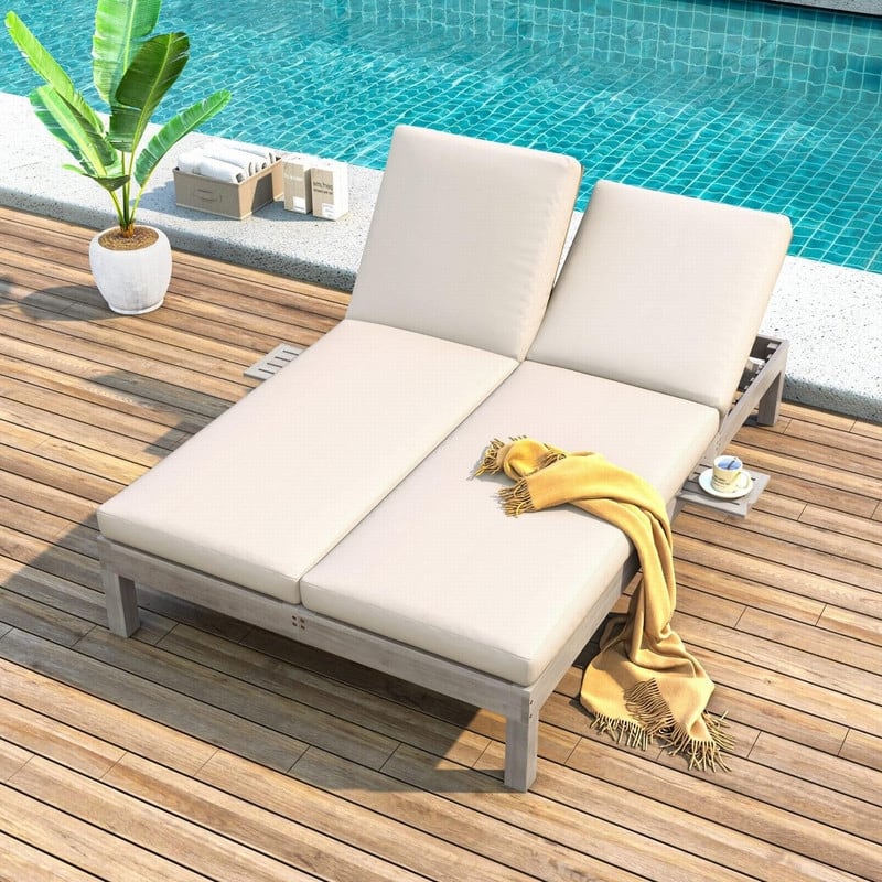 Acacia Wood Double Outdoor Chaise Lounge with 5-Position Adjustable Backrest