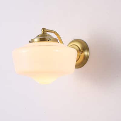9.8 in. 1-Light Matte Black/Gold Dimmable Wall Sconce With White SchoolHouse Glass