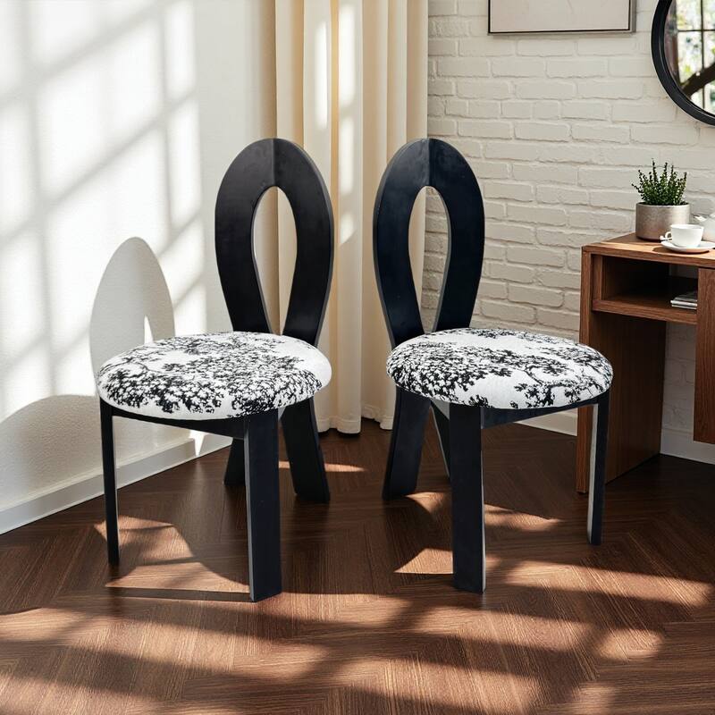 Dining Chairs Set of 2, Key-Design Home Chairs, Plush Teddy Velvet Solid Wooden Dining Chairs with Wood-Grain Embossed Cushion - White+Black