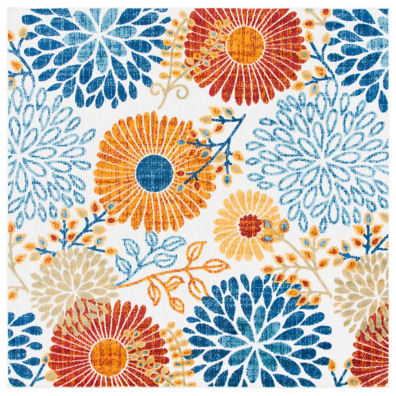 SAFAVIEH Cabana Hillechien Indoor/ Outdoor Waterproof Patio Floral Rug - 6'7" Square - Creme/Red