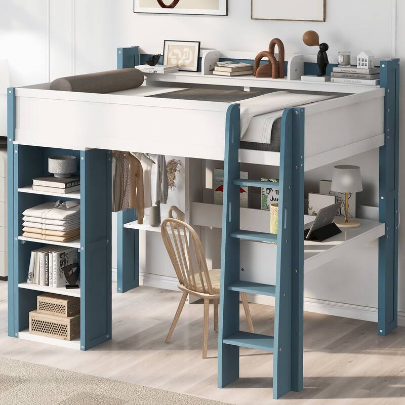 Full Size Wood Study Loft Bed with Built In Desk, Versatile Storage High Loftbed Frame with Shelves, Hanging Rod and Wardrobe