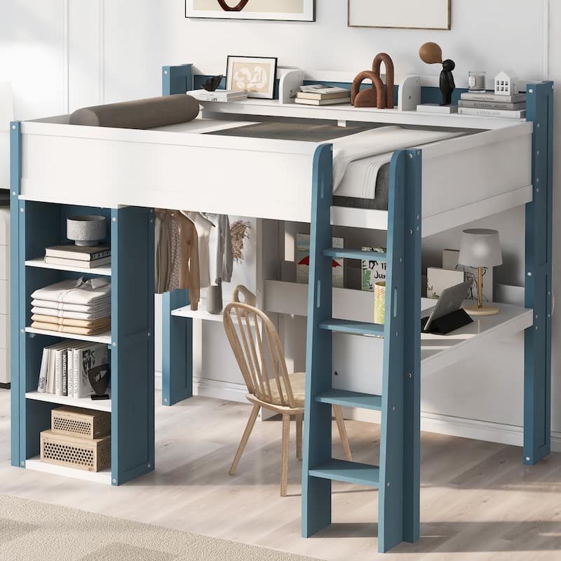 Full Size Wooden Loft Bed Frame with Built-in Storage Shelves, Open Cabinets, Clothes Rails and L-shape Desk