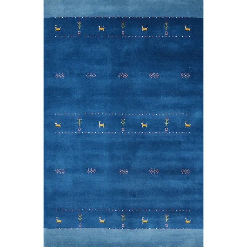 Hand Knotted Oriental 100% Wool Carpet Tribal Animal Pictorial Navy Blue & Blues Gabbeh Area Rug - 5' 9'' X 4' 2''