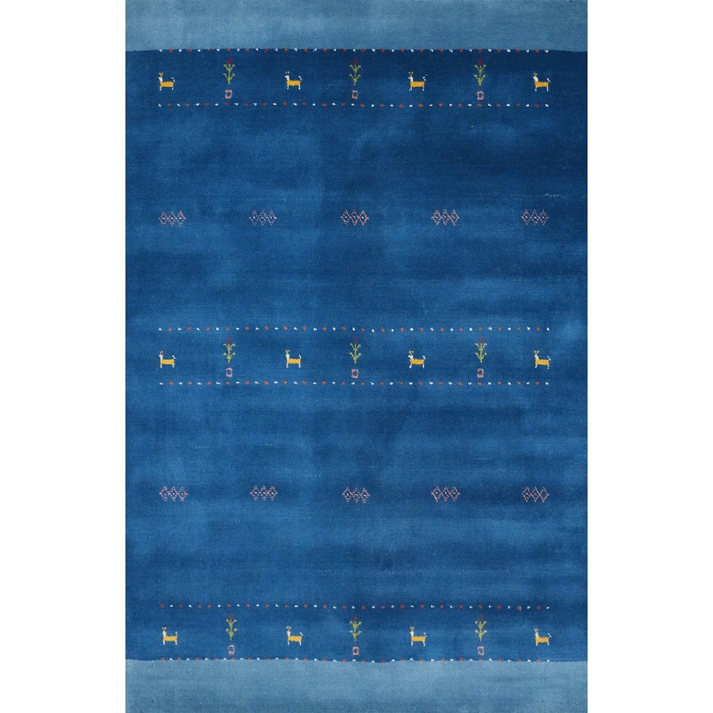 Hand Knotted Oriental 100% Wool Carpet Tribal Animal Pictorial Navy Blue & Blues Gabbeh Area Rug - 5' 9'' X 4' 2''