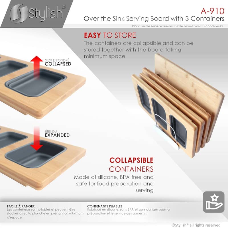 STYLISH 17 inch Workstation Sink Divided Serving Board with 3 Collapsible Containers - 18" x 8.5"