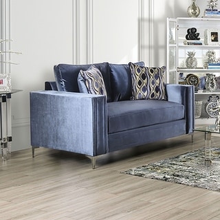 Jion Contemporary Blue Solid Wood Tracks Arm Loveseat by Furniture of America