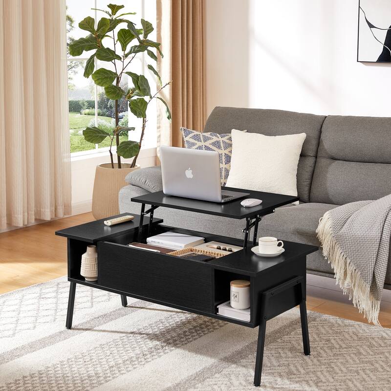 VECELO Modern Lift Top Coffee Table with Hidden Storage 2 Side Shelves Space-Saving Design for Living Room