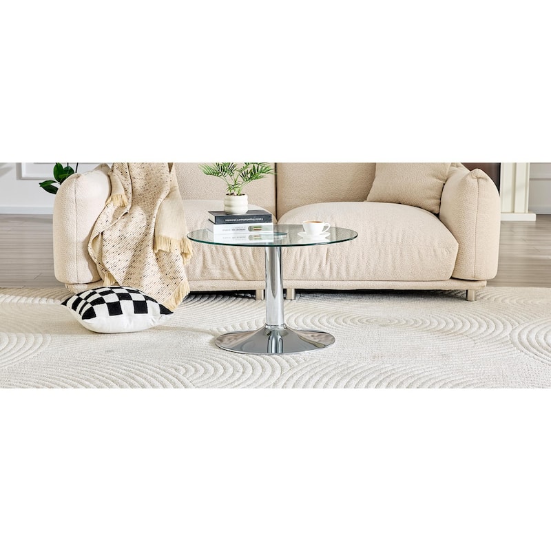 Roomfitters 27.5-Inch Round Tempered Glass Coffee Table, Metal Base, Circular Center Table, Modern Minimalist