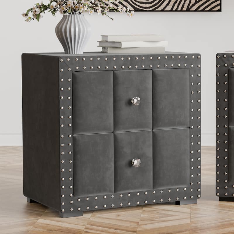 247 Shop At Home Fynor Modern Velvet 2-Drawer Nightstand - Dark Grey