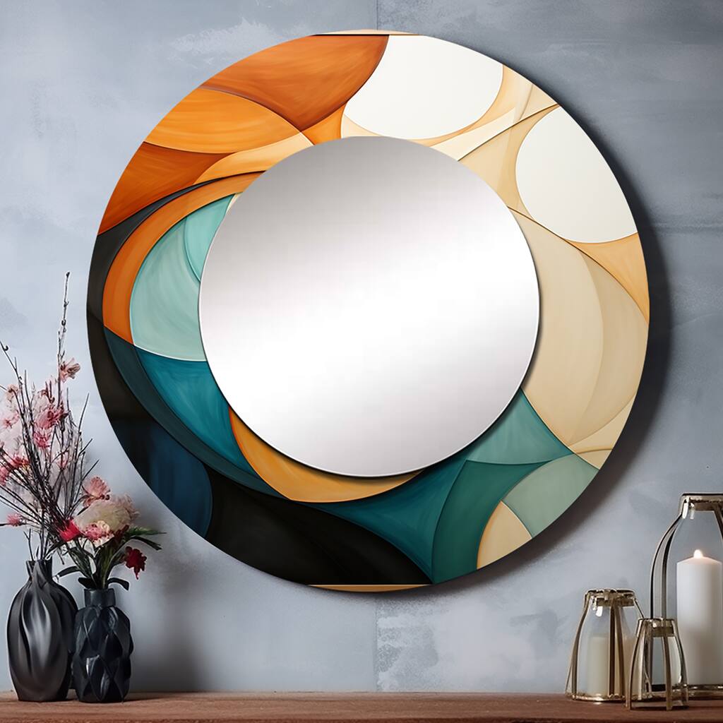 Designart "Orange Mid Century Organic Harmony I" Abstract Round Office Mirror - Mid-Century Modern Mirror For Wall Décor